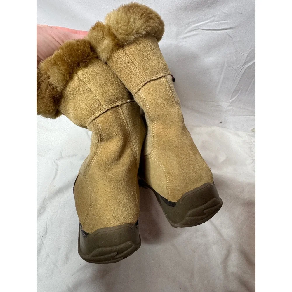 Sports Polartec Tan Suede Winter Boots Faux Fur Trim Embroidered Mid Calf Women